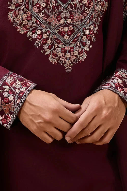 Latest Signature Maroon Kurta and Dupatta for Mens Wear