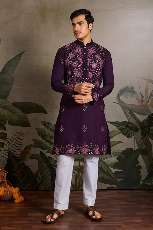 Designer Purple Mirror Work Kurta Set for Mens Wear