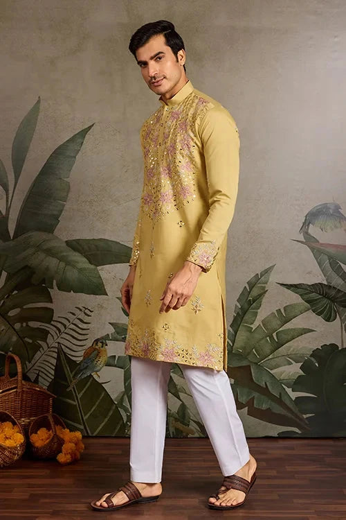 Haldi Special Outfit Mirror Work Mens Kurta Set