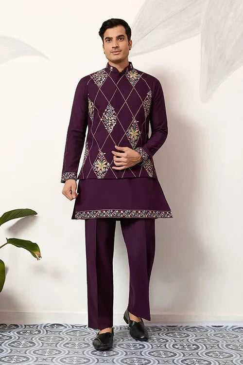 Premium Purple Koti Kurta Pajama for Wedding Wear