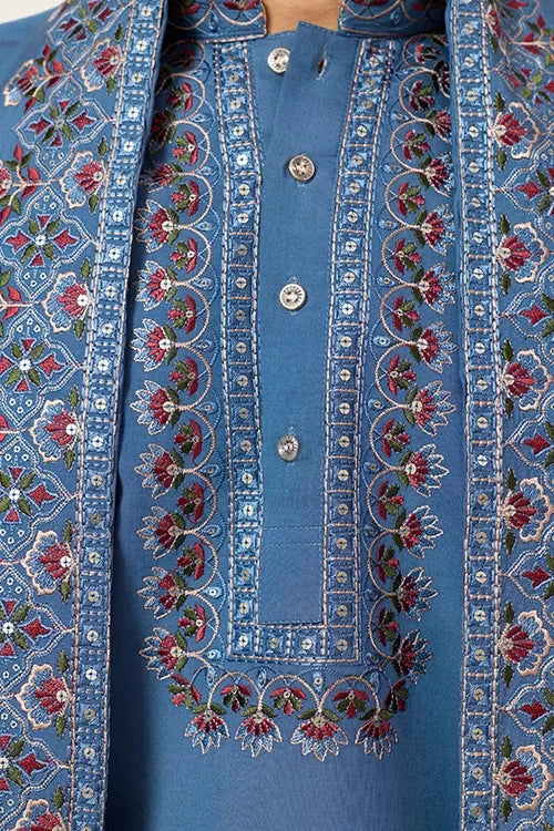 Wedding Royal Look Blue Kurta with Dupatta for Mens Wear