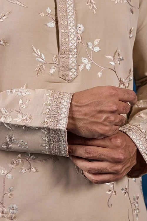 Elegant Beige Embroidered Viscose Silk Kurta for Mens