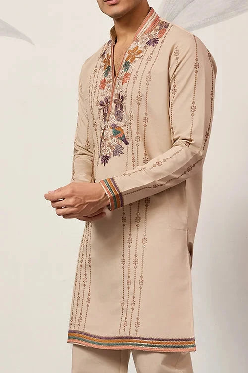 Premium Beige Embroidered V Neck Kurta Pant Set