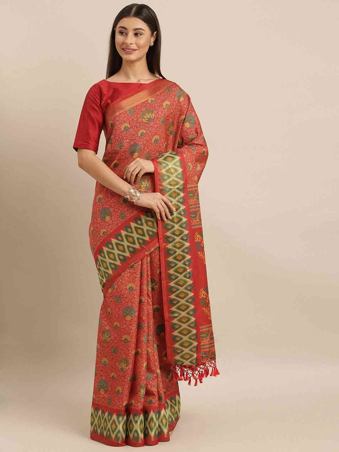 Beautiful Linen Red Colour Pochampalli Zari Woven Desing Saree
