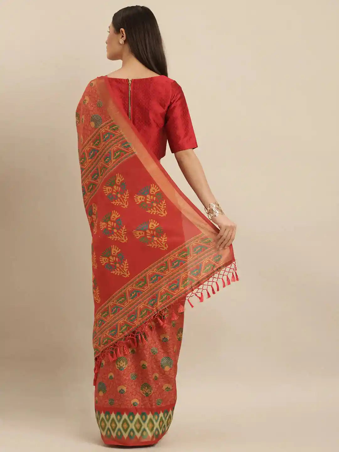 Beautiful Linen Red Colour Pochampalli Zari Woven Desing Saree
