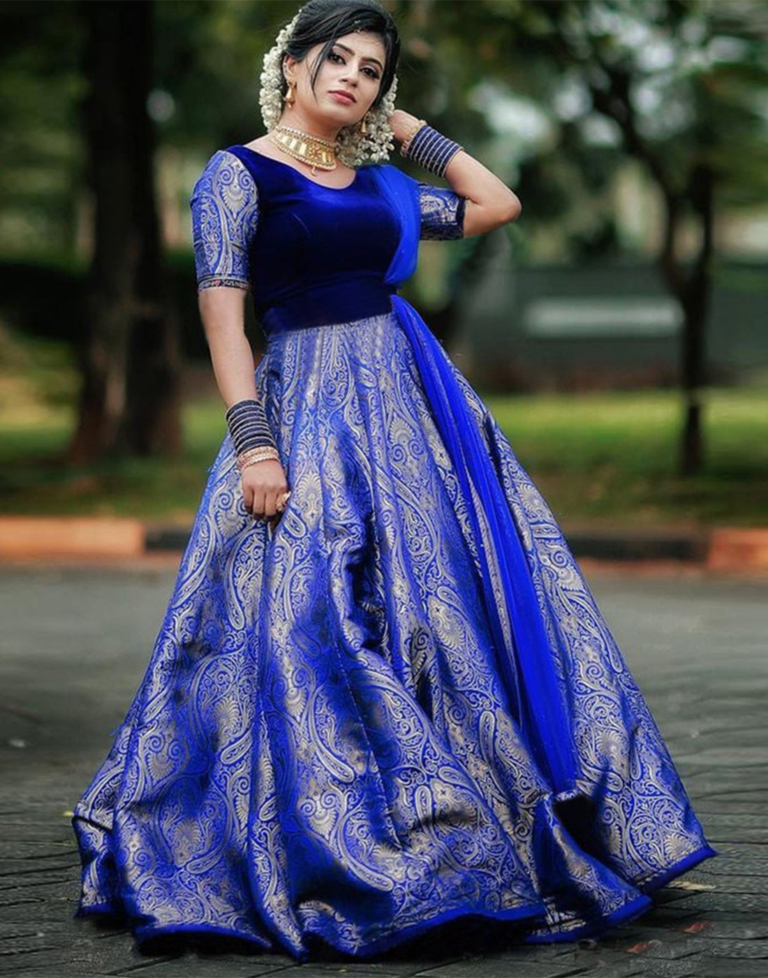 Royal Blue Colored Party Wear Velvet and Jacquard Silk Long Gown
