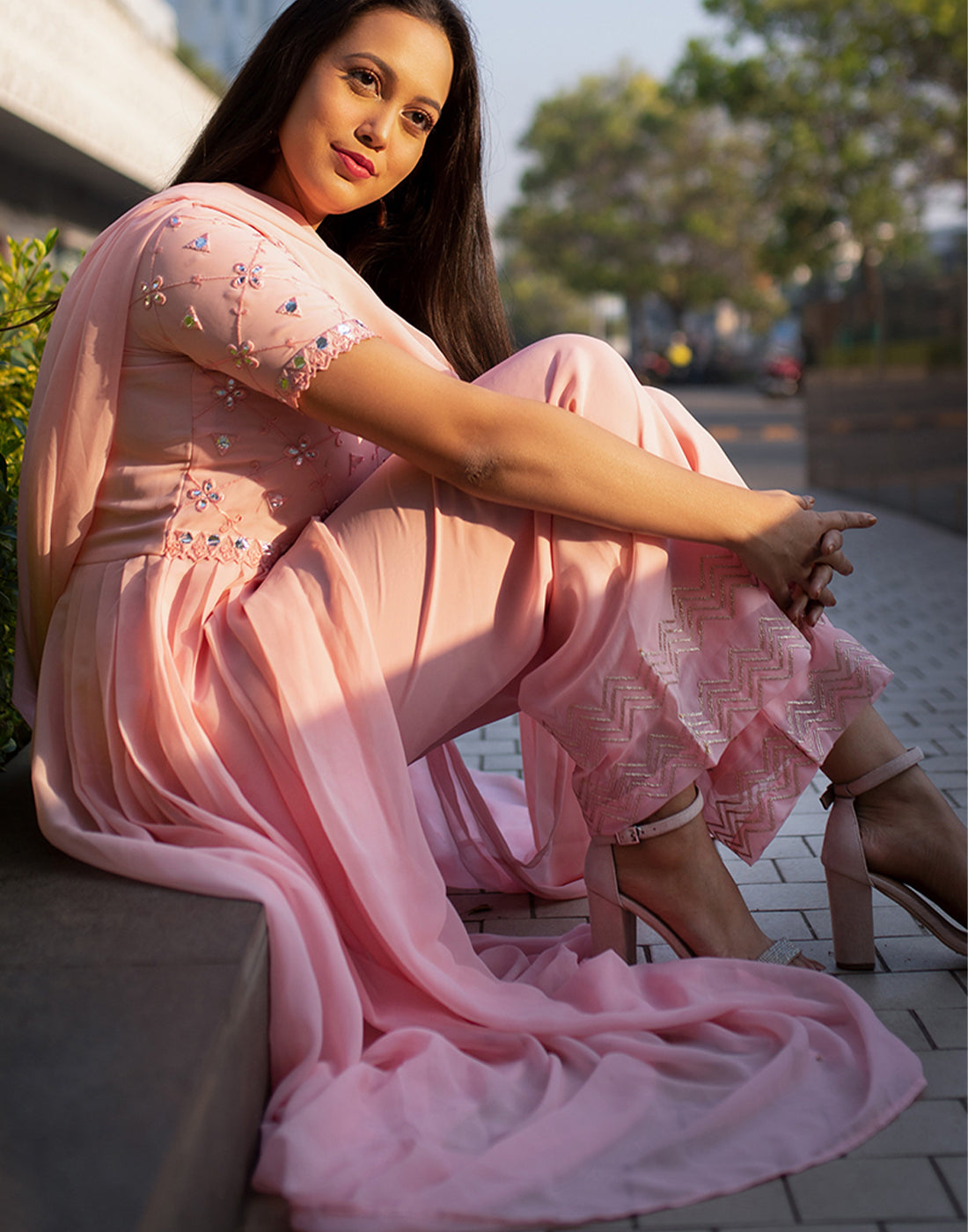 Imposing Embroidered Foil Mirror Work Front Slit Designer Wear Outfit Along with Palazzo and Dupatta