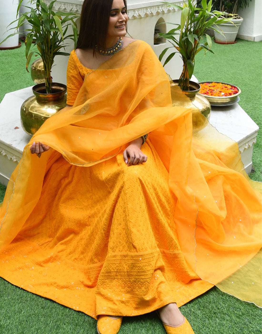 Yellow Designer Anarkali Gown in Cotton with Lucknowi Chikankari Embroidery Work