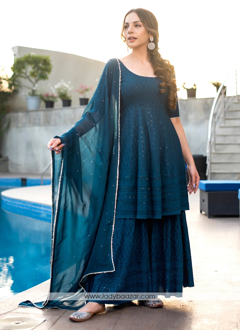 Turquois Blue Cotton Sharara with Lucknowi Chikankari Embroidery Work