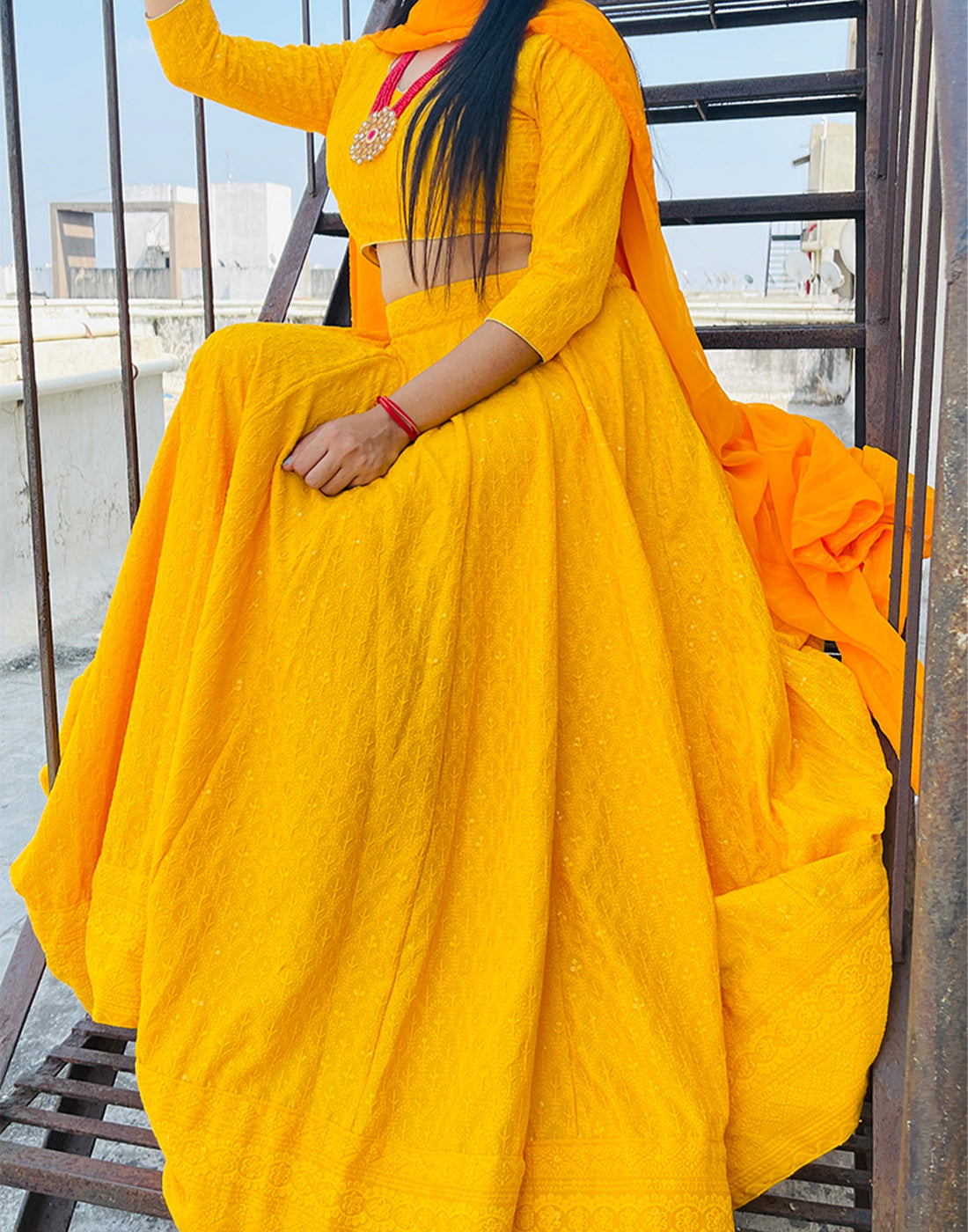 Yellow Stitched Designer Anarkali Lehenga in Rayon with Lucknowi Chikankari Work