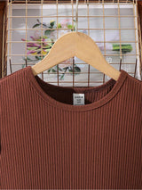 Girls Brown Ribbed Party Dress with Printed Flared Skirt