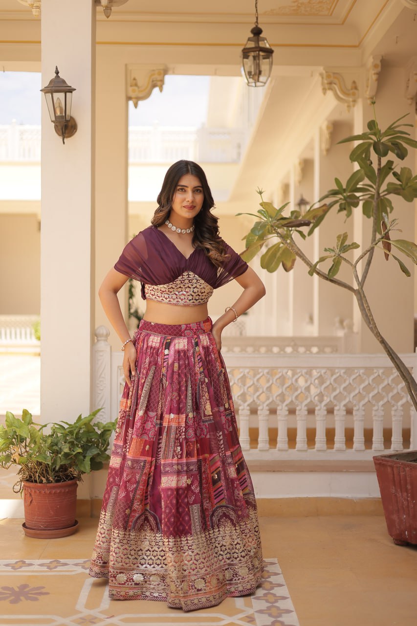 Russian Silk Wine Lehenga Choli Set: Foil Print, Can-Can Flair