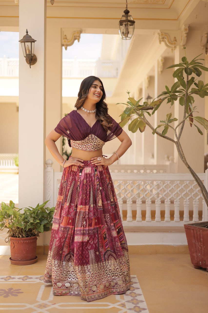 Russian Silk Wine Lehenga Choli Set: Foil Print, Can-Can Flair