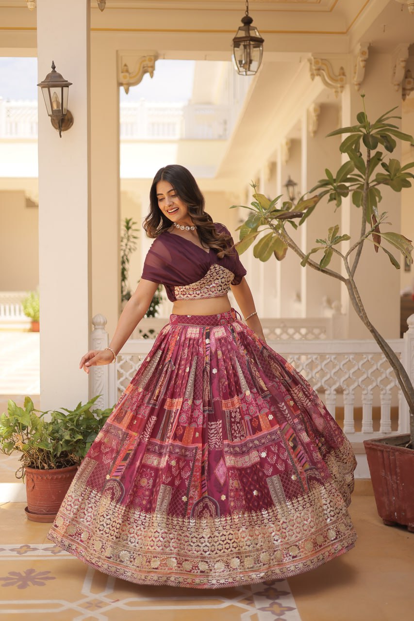 Russian Silk Wine Lehenga Choli Set: Foil Print, Can-Can Flair