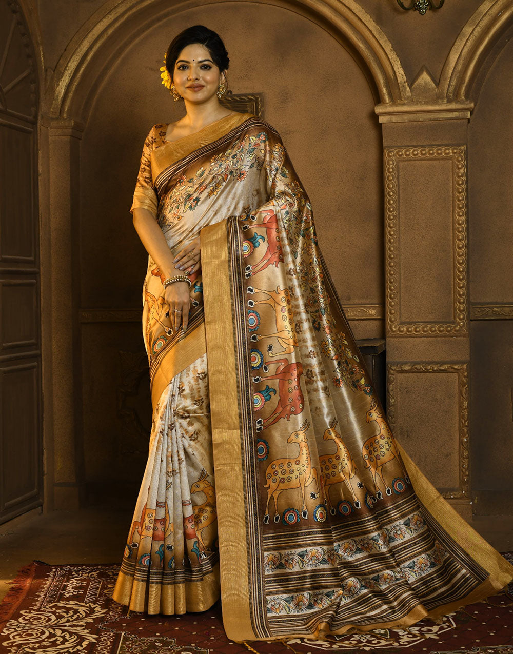 Yellow Soft Tussar Silk Saree With Kalamkari Printed Work