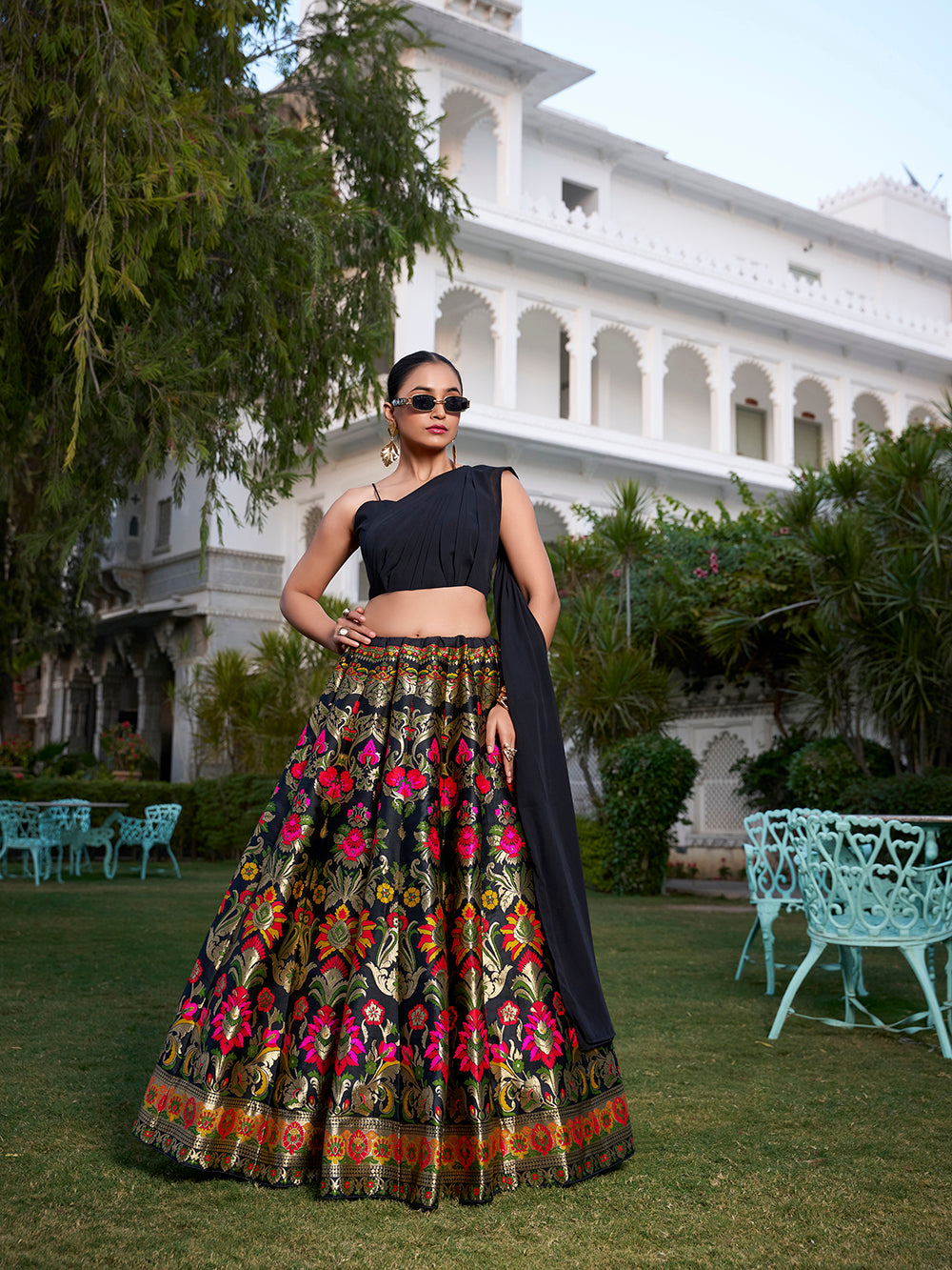 Black banarasi silk crop top lehenga with zari weaving attached dupatta