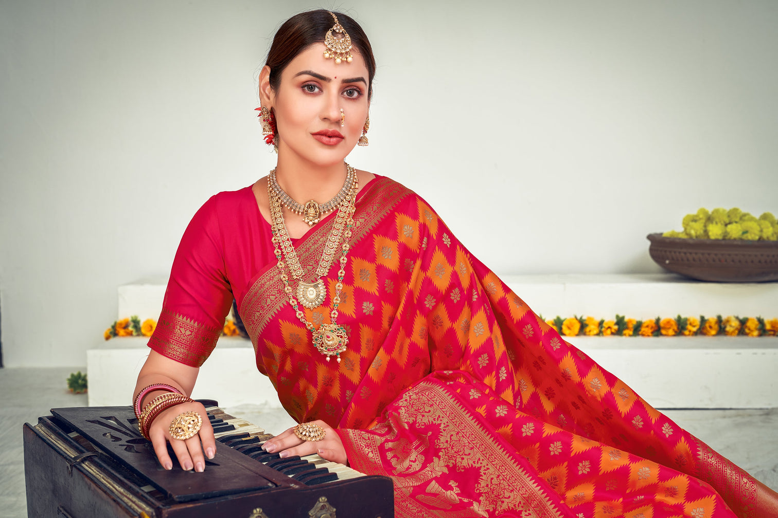 Weaving Work Puja Wear Designer Saree In Pink Color Art Silk Fabric