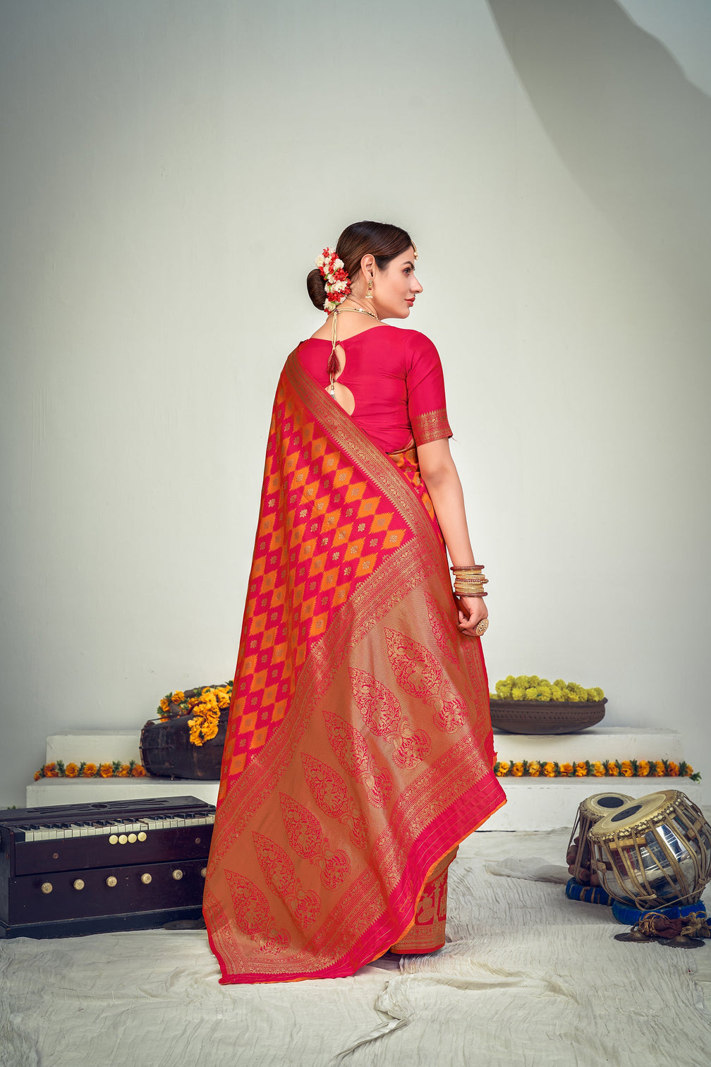 Weaving Work Puja Wear Designer Saree In Pink Color Art Silk Fabric