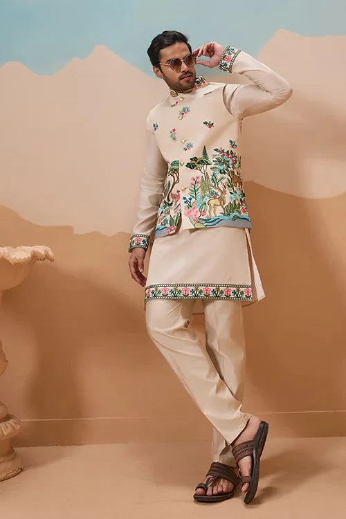 Latest Beige Color Koti Kurta Set for Mens Wear Collection