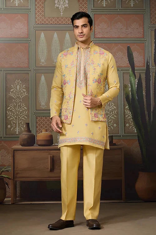Trending Yellow Haldi Ceremony Koti Kurta for Men