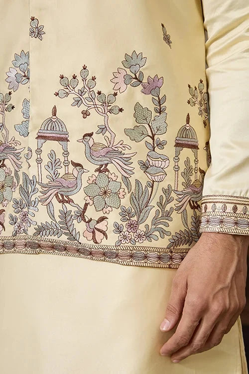 Haldi Special Light Yellow Koti Kurta Set for Mens Wear