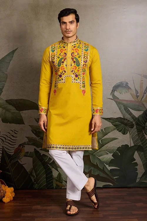 Haldi Special Yellow Embroidered Kurta for Men