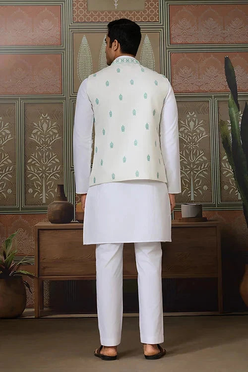 Wedding White Kurta Pajama with Green Koti Style