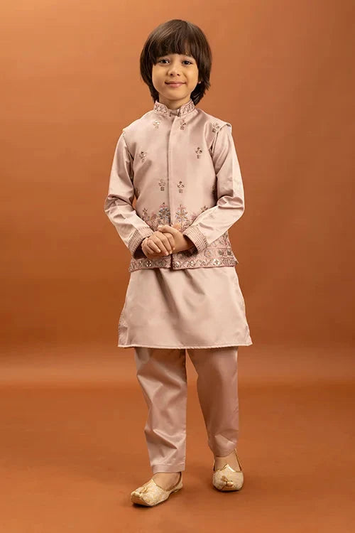Wedding Special Peach Mirror Work Koti Kurta for Boys