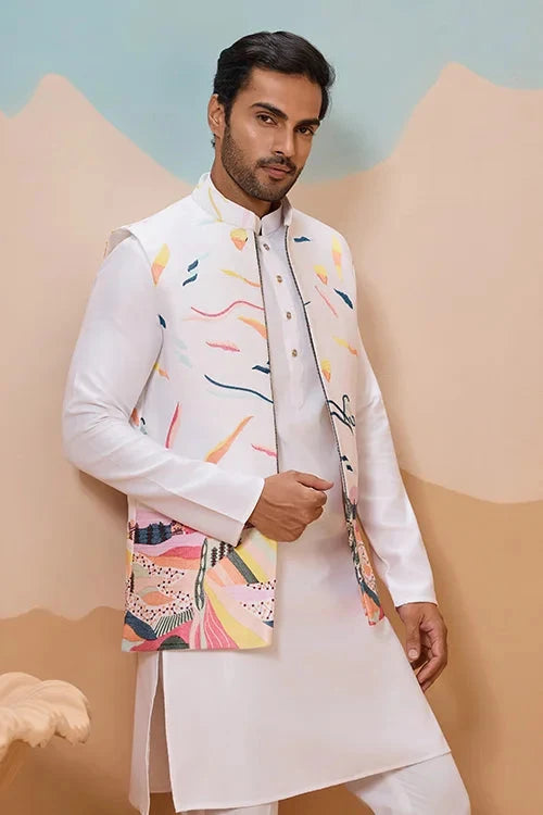 White Wedding Wear Carnival Koti Kurta Pair for Mens Wear