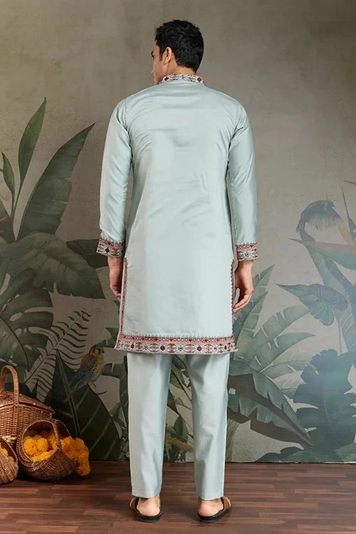Traditional Sky Blue Embroidered Kurta Pajama Set