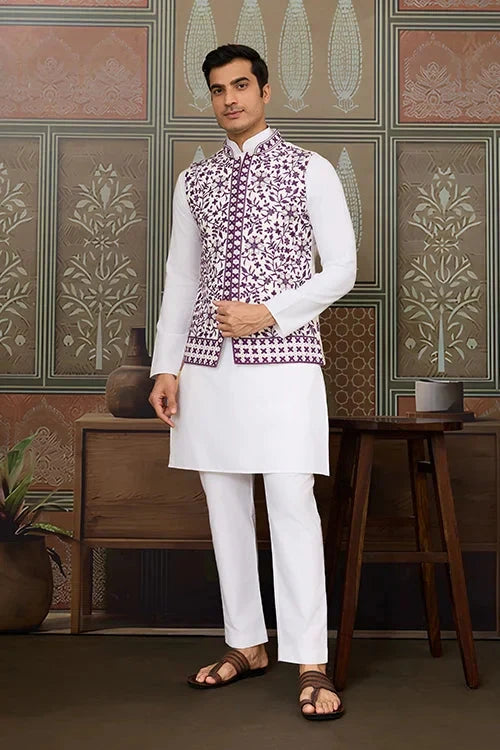 Classic White Mens Kurta Pajama with Stylish Purple Koti