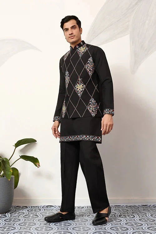 Premium Wedding Black Koti Kurta Pajama for Mens Wear