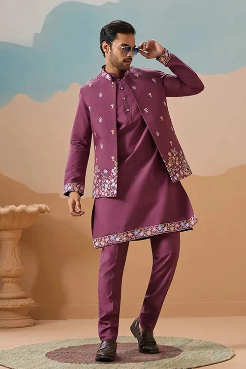 Dusty Color Embroidered Koti Kurta with Pant for Mens