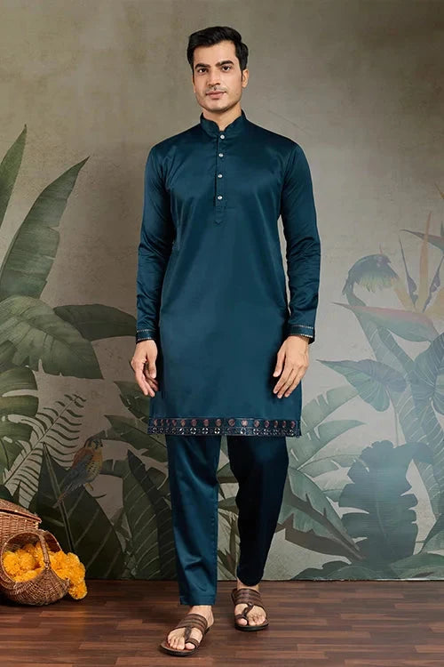 Teal Blue Embroidered Kurta Koti Set for Men