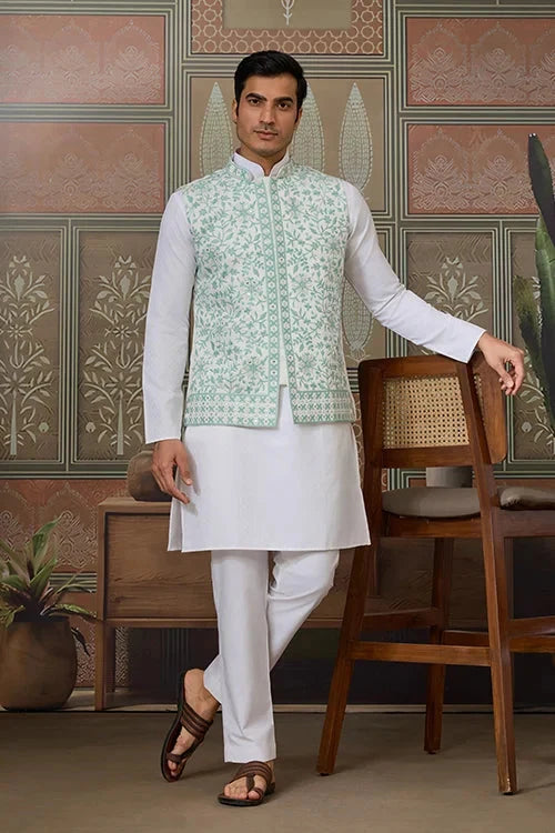 Wedding White Kurta Pajama with Green Koti Style