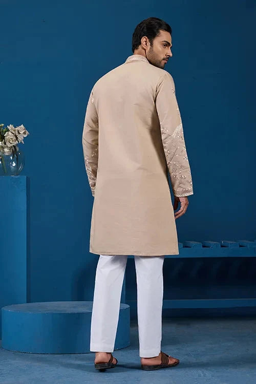 Elegant Beige Embroidered Viscose Silk Kurta for Mens