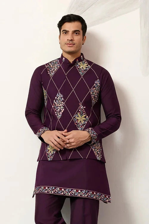 Premium Purple Koti Kurta Pajama for Wedding Wear