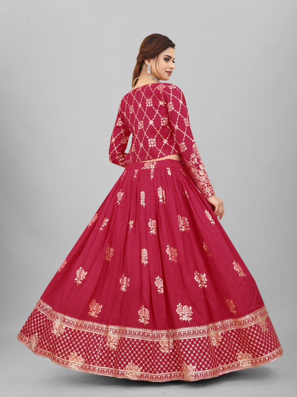 Wedding-ready Maroon Cotton Lehenga Choli Ensemble