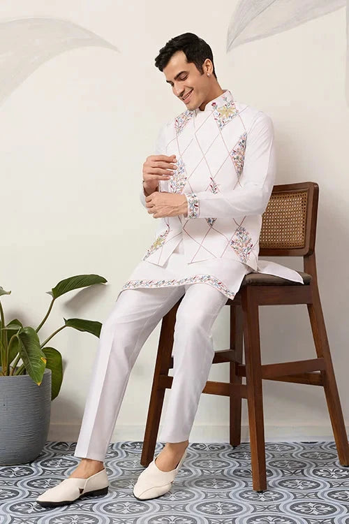 Elegant Wedding Special White Koti Kurta Pajama Set