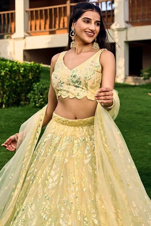 Wedding Wear Yellow Lehenga Choli Thread With Multiple Sequins Embroidered Work