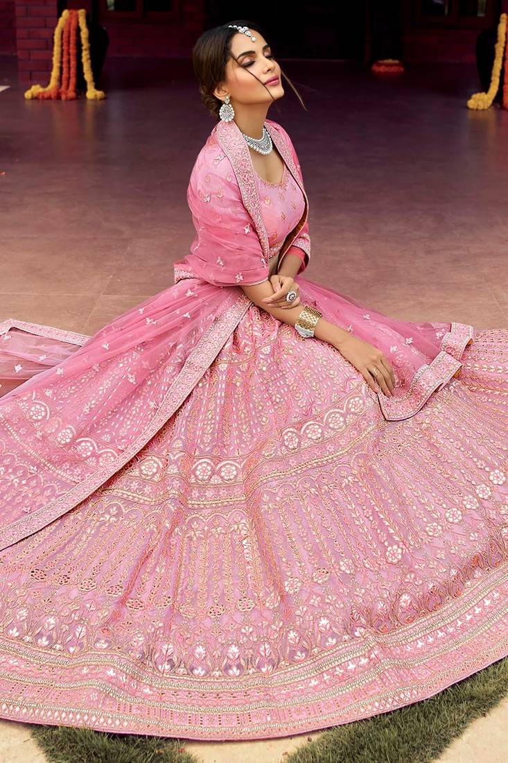 Wedding wear Pink Crop Top Lehenga Choli With Plain And Gota Work