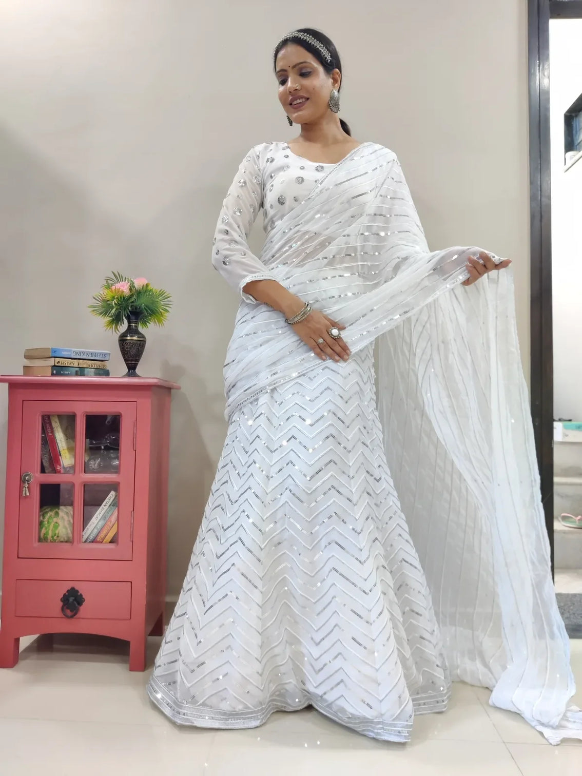 White Lehenga Saree in Georgette With Sequence Work