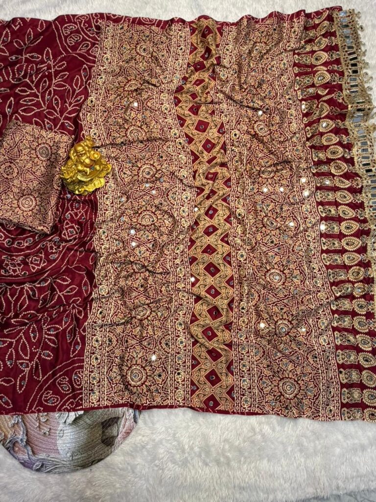 Wine red modal silk saree with floral mandala print mirror lace border designer pallu festive wear saree