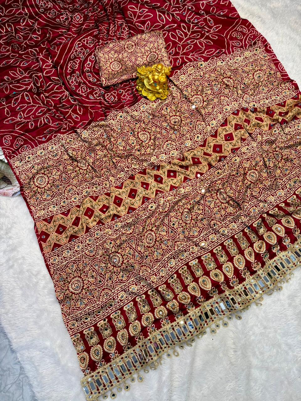 Wine red modal silk saree with floral mandala print mirror lace border designer pallu festive wear saree mameraa