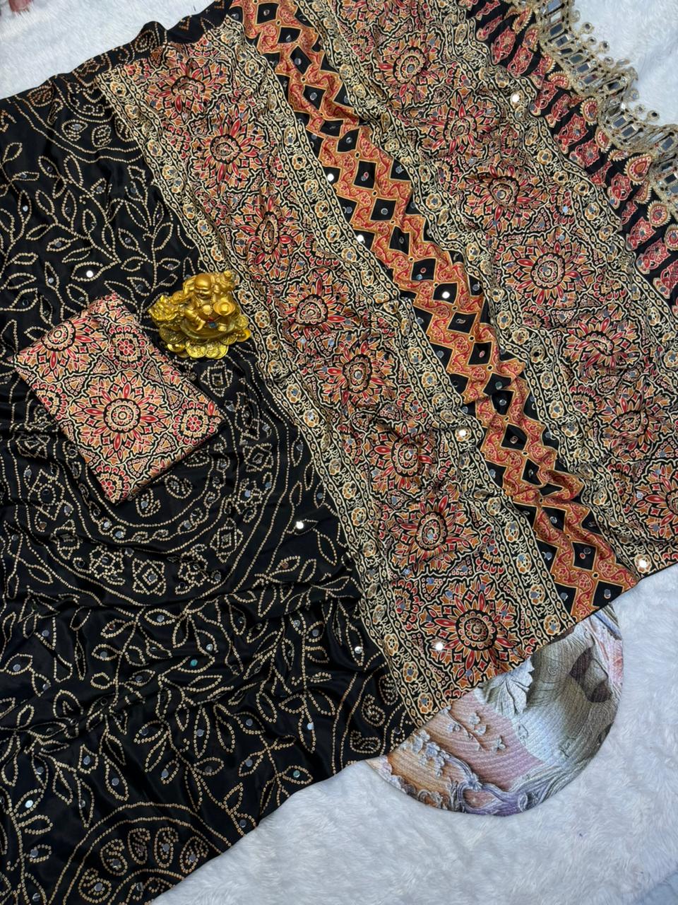 Black modal silk saree with floral mandala print mirror lace border designer pallu festive wear saree