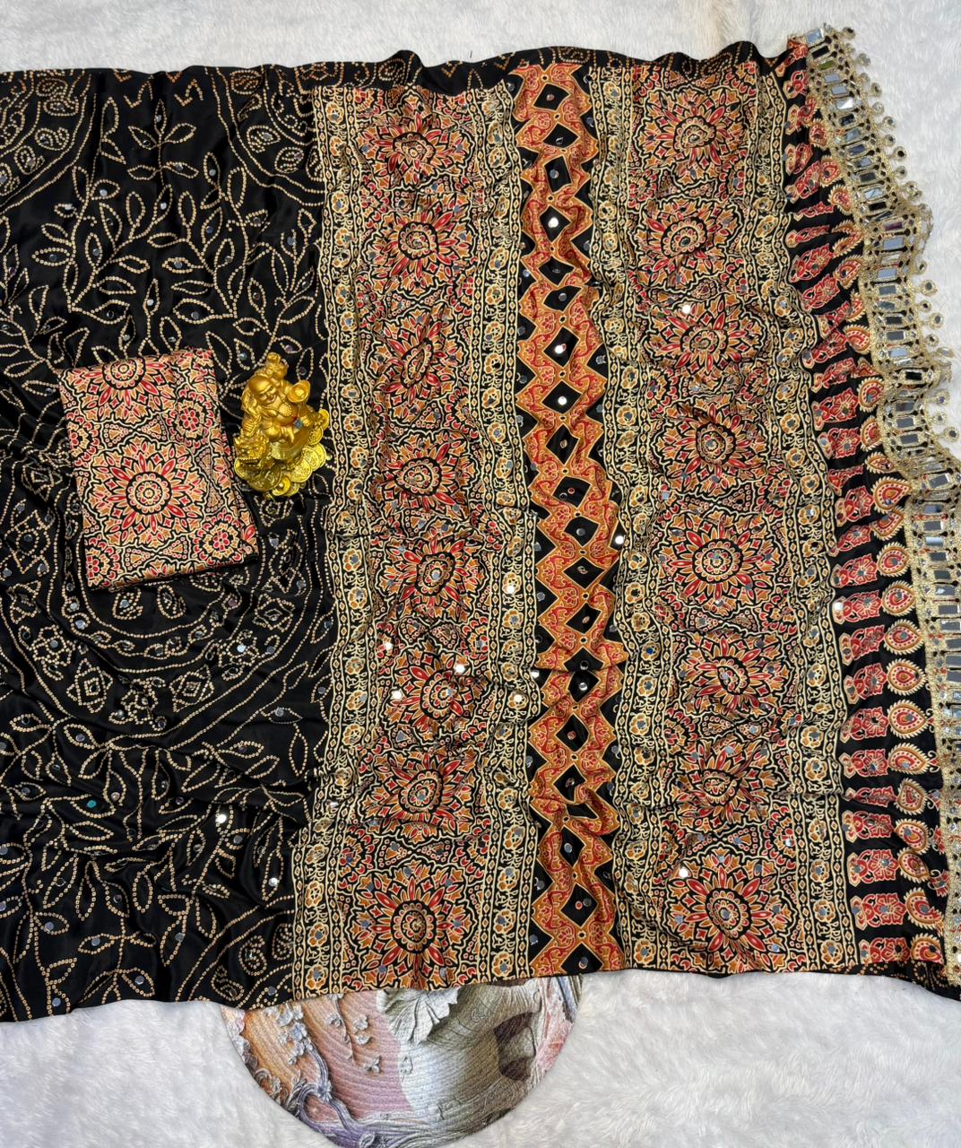 Black modal silk saree with floral mandala print mirror lace border designer pallu festive wear saree