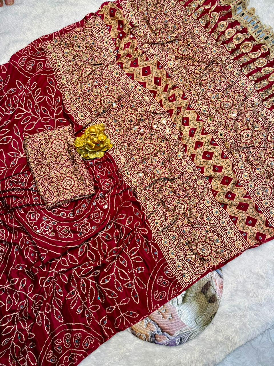 Wine red modal silk saree with floral mandala print mirror lace border designer pallu festive wear saree