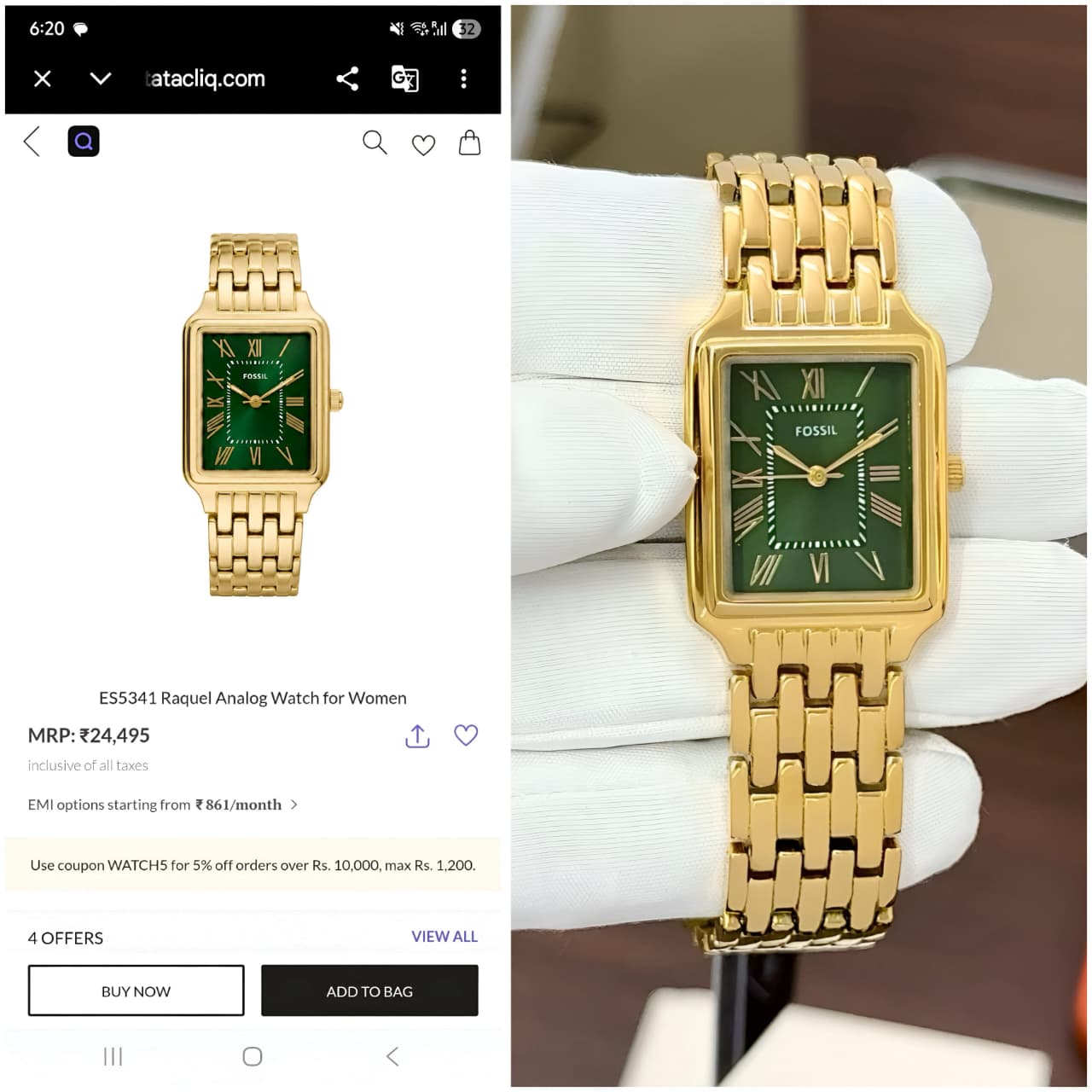 Fossil Raquel Green Rectangular Dial