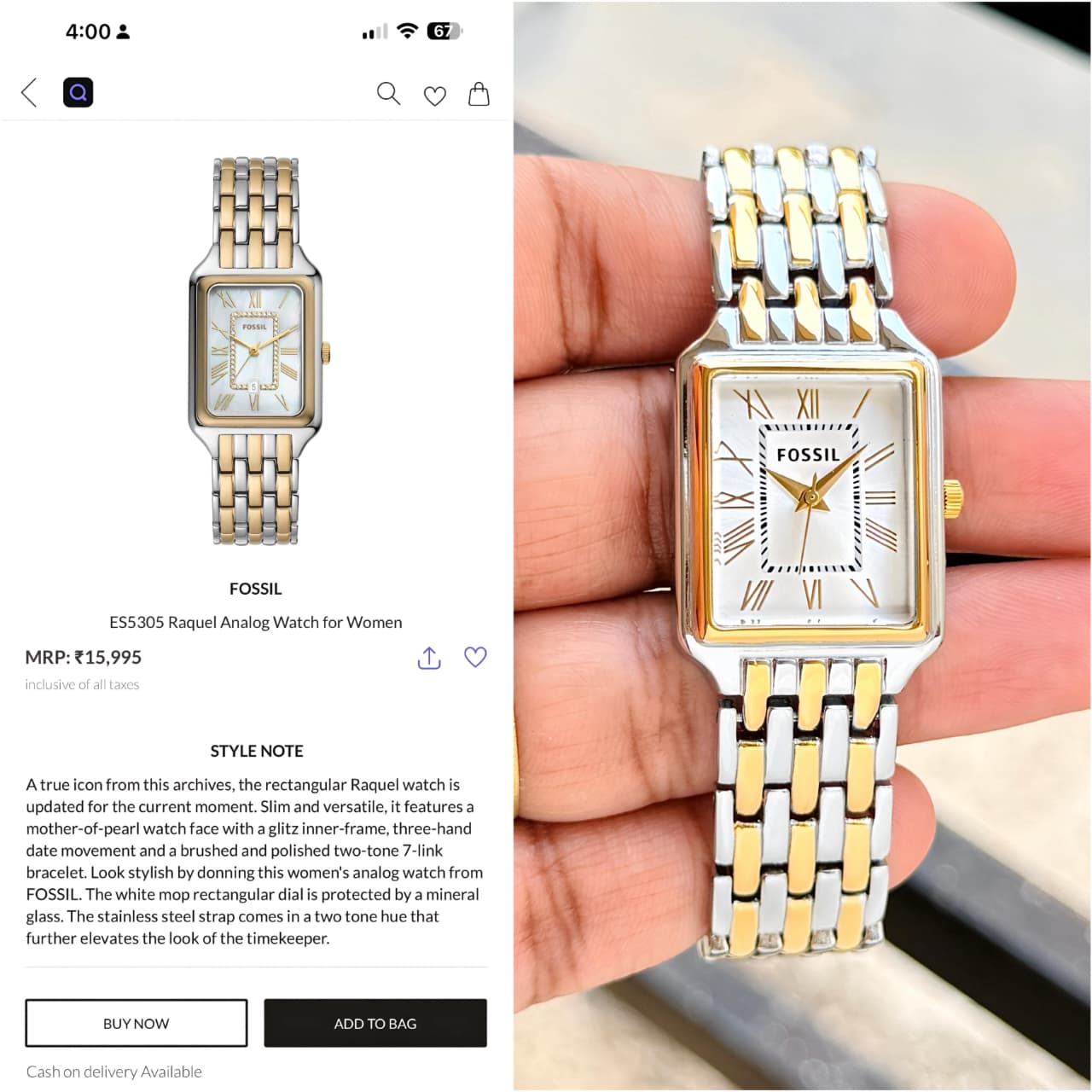 Fossil Raquel White Rectangular Dial