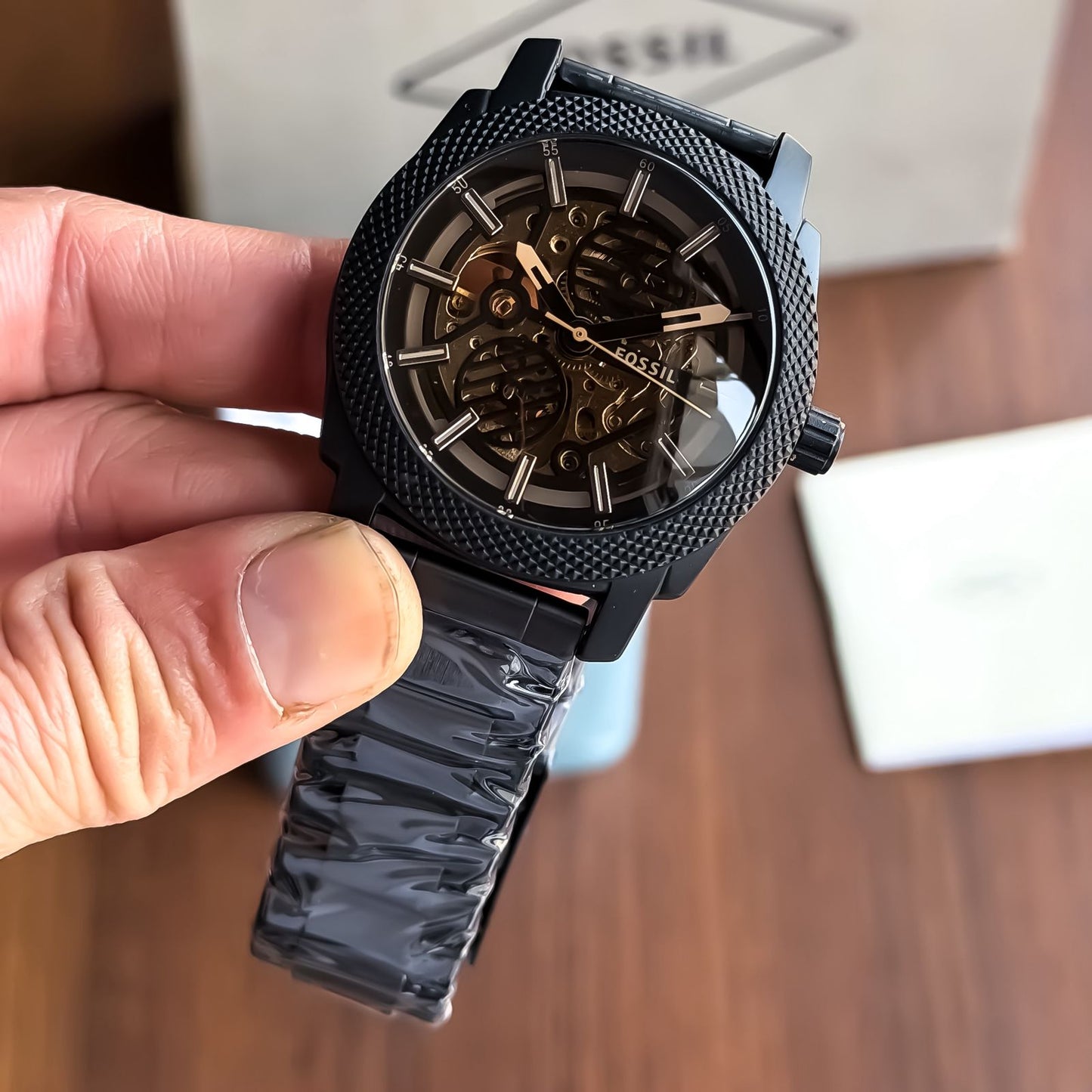 Fossil Skeleton Open Heart Black Dial